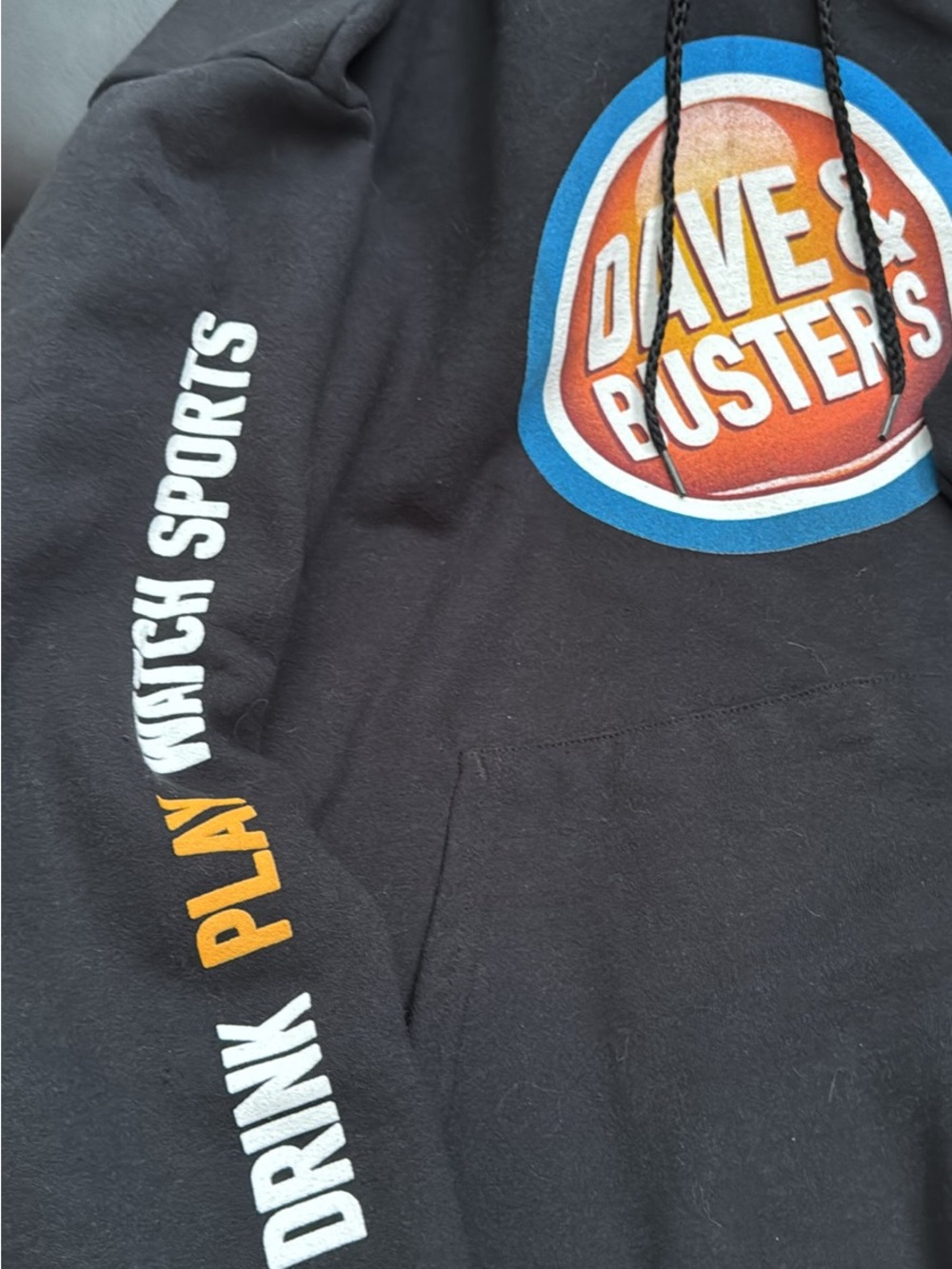 Hanes Black Hoodie with Orange, Blue and White Logo